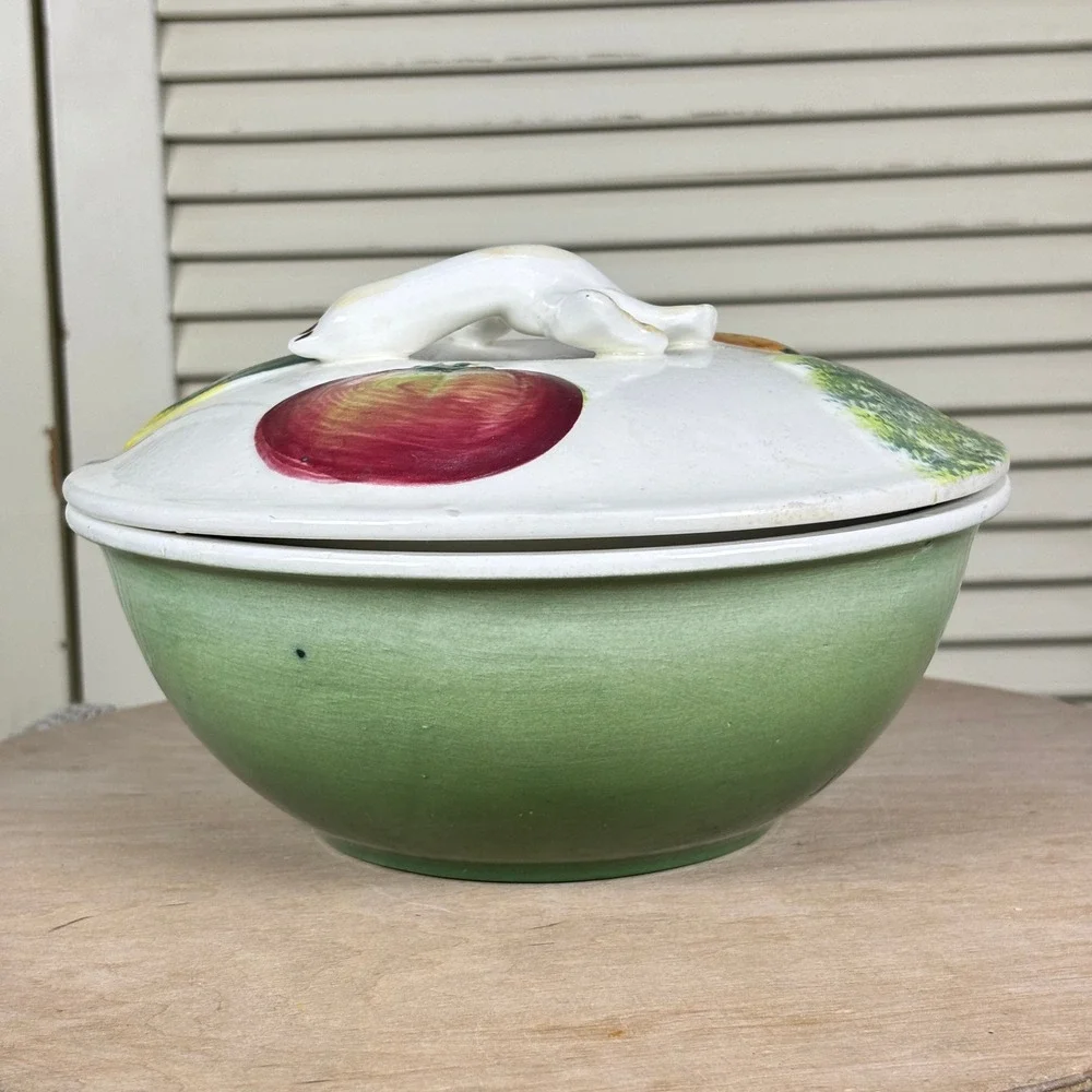 1950s Avant-Garde Green Vegetable Garden Pottery Oven Safe Covered Dish Lid